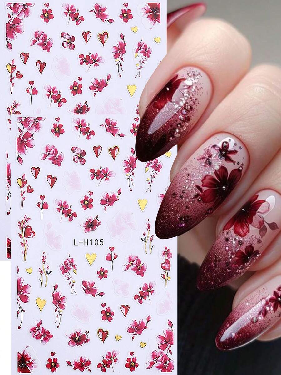 2 件红色花藤水彩指甲贴纸夏季花朵花卉图案美甲贴花 DIY 自粘滑块适用于水晶指甲用品 - 彩色 - 查看 1