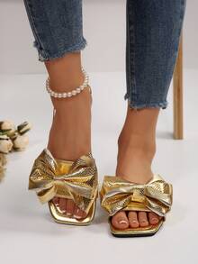 蝴蝶结拖鞋凉鞋，女士时尚沙滩拖鞋户外防滑蝴蝶结一脚蹬凉鞋，适合约会、购物、聚会、派对、宴会、日常外出、居家休闲 - 金色 - 查看 3