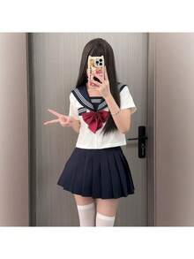 Cute High School Sailor Uniform Summer Uniform JK Uniform Sailor Uniform, Summer Short Sleeve Top And Skirt Suit, Red Tie, Cute Style Casual Outfit, Party Summer Festival Event Costume - Red - View 1