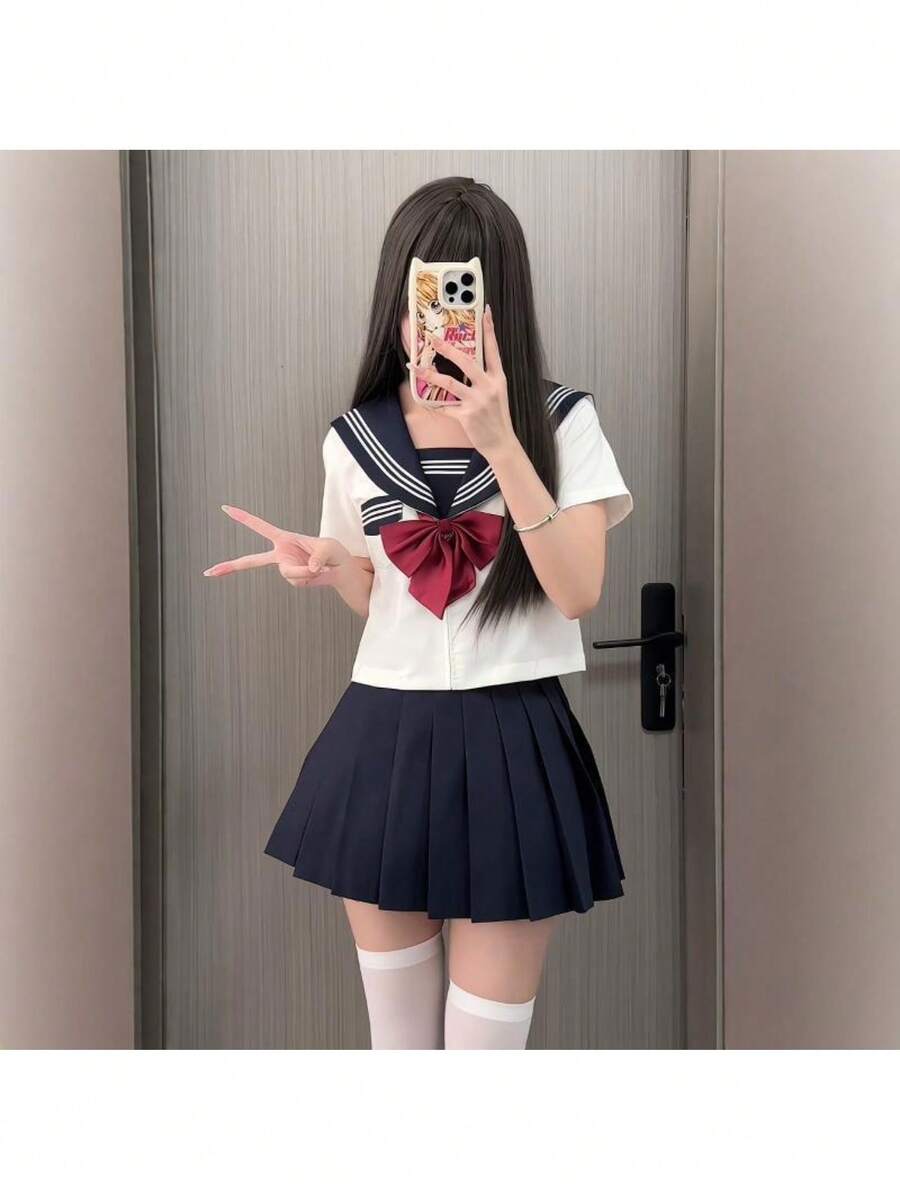 Cute High School Sailor Uniform Summer Uniform JK Uniform Sailor Uniform, Summer Short Sleeve Top And Skirt Suit, Red Tie, Cute Style Casual Outfit, Party Summer Festival Event Costume - Red - View 1