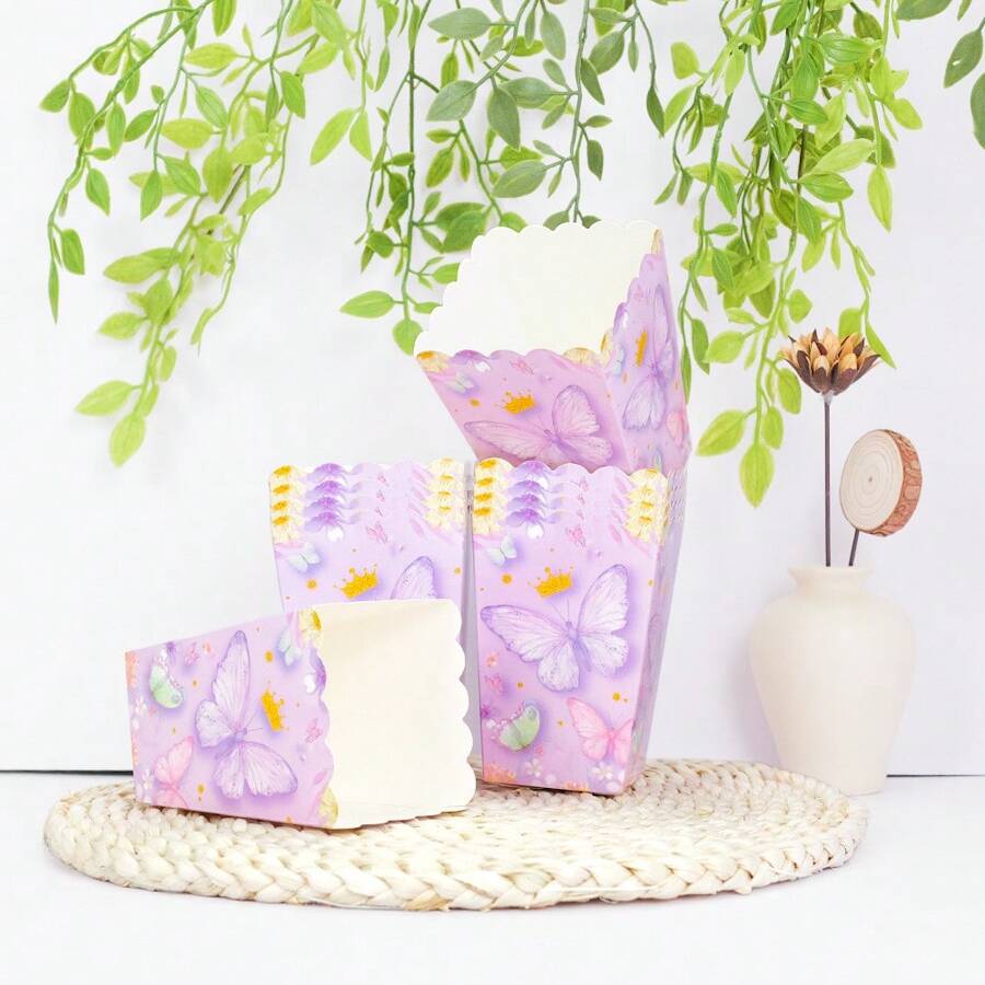 10pcs/20pcs/50pcs Purple Butterfly Pattern Party Popcorn Boxes Food & Snack Containers Potato Chips & Candy Boxes Birthday Party Decor & Family Movie Night Snack Boxes For Butterfly Birthday Party Decorations Wedding Decoration Summer Party Supplies