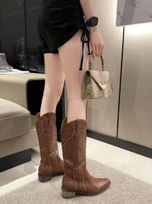 Women's Western Mid-Calf Boots With V-Cut, Riveted Decor, Square Toe, Low Block Heel, Cowgirl Boots,