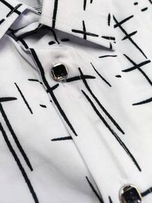Camisa formal blanca con cuello vuelto y diseño de estampado creativo para hombres, camisa casual de manga larga y abotonada adecuada para ocasiones de negocios