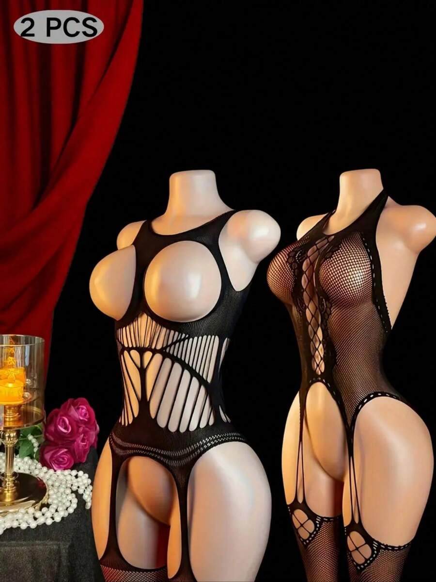2 Pieces Set, Fishnet Lingerie, Hollow Out, Crotchless, Sexy, Great For Couples To Wear Together