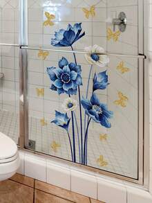 现代蓝白花卉墙贴，带金色蝴蝶贴花，PVC 自粘式可移除墙贴，适用于客厅和卧室房间装饰家居装饰贴纸墙面装饰墙贴