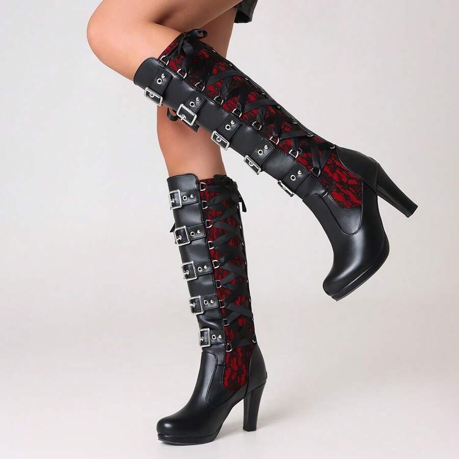 Women Lace Goth Knee High Boots Buckle Block Heel Lace Up Knee Length Boots Punk Platform Tall Boot, Carnival Music Festival Concert Knee Length Boots, Dressy Wedding Bride Bridesmaid Prom Graduation Business Dress Shoes - 紅色 - 查看 1