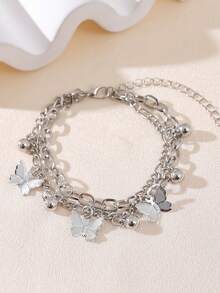 1pc Minimalist Double-Layer Metal Butterfly Bracelet, Suitable For Women Everyday Accessories, Date Gifts, Party Occasions - Silver - View 8