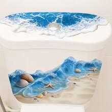 1pc Summer Beach Theme Bathroom Toilet Sticker - Starfish & Shell Pattern Toilet Decal, Self-Adhesive Toilet Seat & Tank Wall Decals