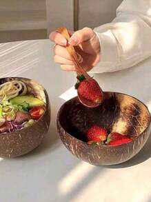 1pc Natural Coconut Bowl And Wooden Spoon Set, Healthy Vegetarian Salad Bowl, Milkshake Bowl, Naturally Beautiful And Heat-Resistant - Suitable For Rice, Soup, Noodles, Kitchen And Dining Utensils, Tableware Accessories, Handmade Coconut Shell Bowl With Wooden Spoon Set, Cork Material, Very Suitable For Salad, Fruits And Grains, Coconut Bowl