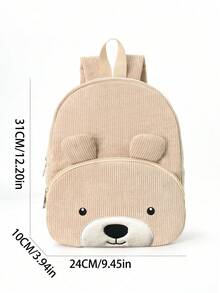 1pc Cute Cartoon Bear Embroidered Large Capacity Multi-Functional Corduroy Material Children's Backpack, Suitable For Girls, Boys, Kindergarten, Elementary School Students, Outdoor Travel, Holiday Gift - Khaki - View 2