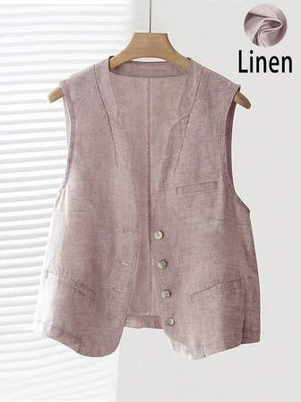 女士休闲亚麻短款背心夹克，适合春夏季度假
