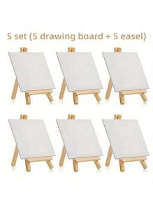 1/4/5/6PCS Mini Canvas And Easel Set Mini Canvas Panels Mini Wood Easels, Canvas Size Is 3.9" X 3.9"; Easel Size Is 3.1" X 5.9" For Kids Painting, Oil Painting And Diy Doodle,Back To School,School Supplies