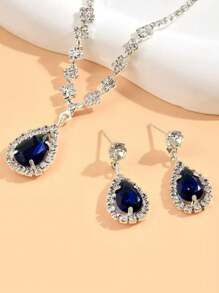 Vintage Sparkling Blue Teardrop Pendant Necklace & Earrings Jewelry Set, Bridal Luxurious Wedding Dress Accessories, Ideal For Parties And Events.