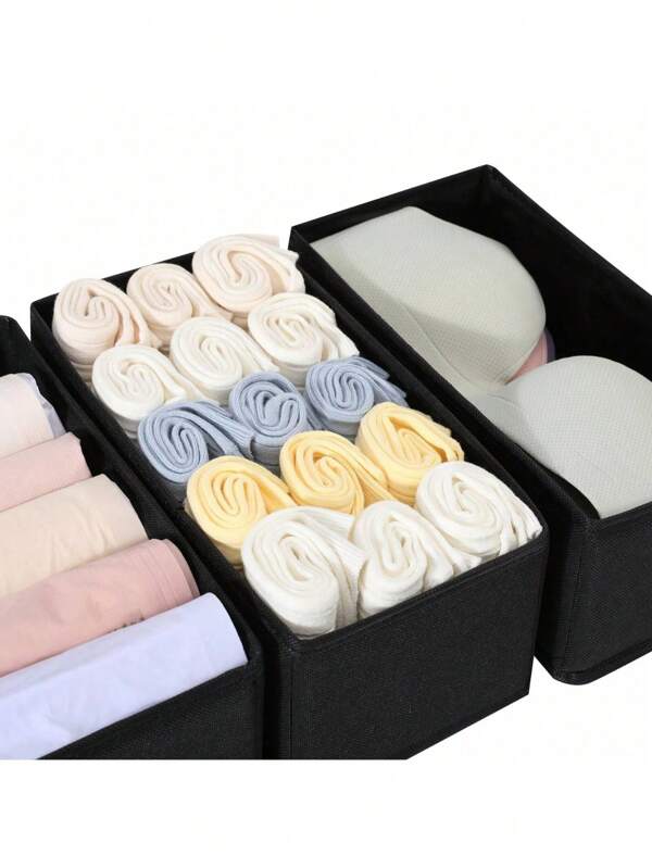Black Non-Woven Storage Box, Rectangular Storage Box For Organizing Underwear, Socks, Multi-Piece Stackable, Clothes Divider, Desktop Organizer, Solid Color Simple Style, Convenient For Organizing Clothes And Miscellaneous Items