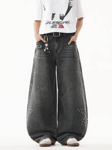 1条正义兄弟美式街头铆钉五角星牛仔裤，品牌水洗宽松阔腿休闲街头裤，宽松版型长裤（不含腰带和配饰）