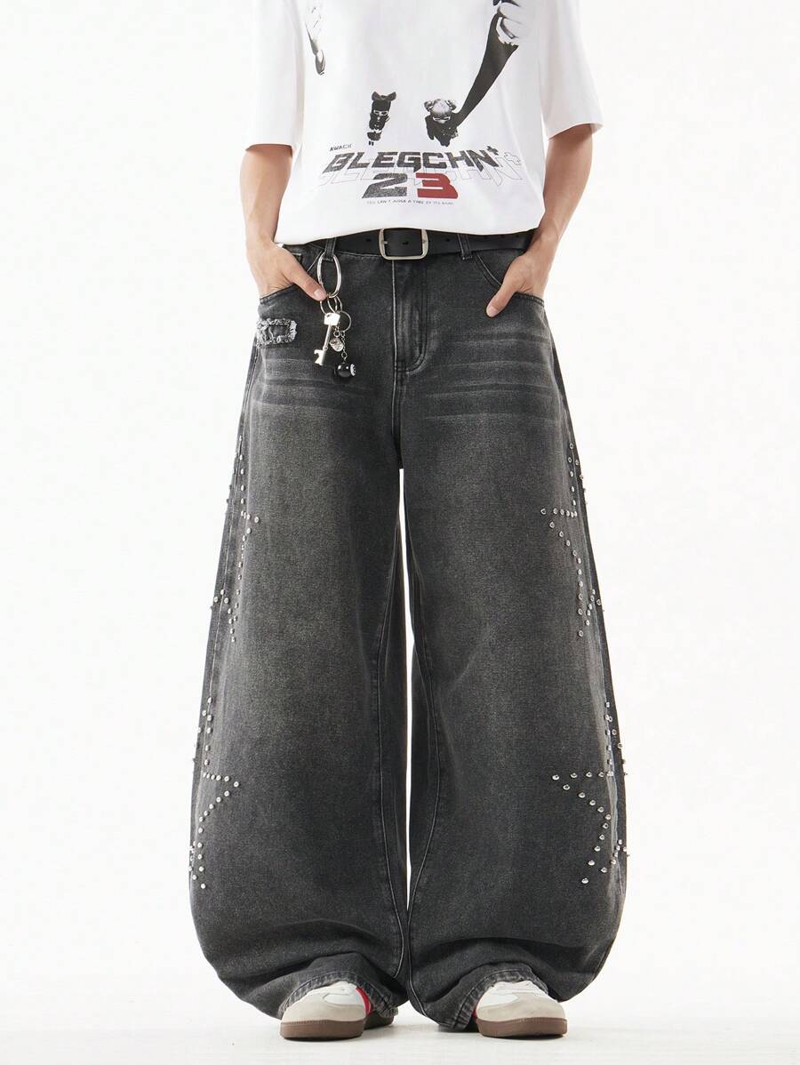 1条正义兄弟美式街头铆钉五角星牛仔裤，品牌水洗宽松阔腿休闲街头裤，宽松版型长裤（不含腰带和配饰）