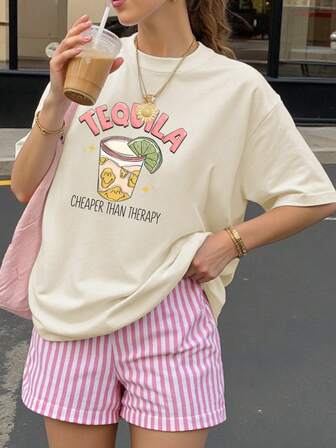 Luźna bluzka z krótkim rękawem i nadrukiem tequili dla kobiet, codzienna odzież w dużych rozmiarach, koszulka z grafiką, chiński Nowy Rok, księżycowy Nowy Rok, Rok Konia, Święto Wiosny, Szczęśliwego Nowego Roku, Walentynki, prezent na Walentynki, prezent dla niej, bluzki na wyjście, Dzień Zakochanych, rocznica, romantyczne prezenty, prezenty dla dziewczyny, pasujące stroje, wyrażanie miłości, kocham cię, wyjątkowe prezenty, ograniczona ilość