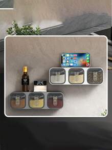 1pc Spice Rack, Multi-Compartment Wall-Mounted Spice Organizer, Transparent Jars For Sugar, Salt Storage, Horizontal Or Vertical Installation, Includes Wall Stickers Suitable For Smooth Tile Walls, Bilingual Stickers Included