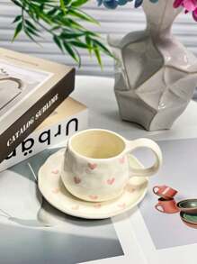 1 Pc/2 Pcs High-End Heart-Shaped Pinched Ceramic Coffee Cup & Saucer Set, Hand-Painted Pink Coffee Cup, Dessert Plate, Latte Mug, Elegant Heart-Shaped Cup & Saucer, Afternoon Tea Set, Milk Cup, Mother's Day Gift, Valentine's Day Gift, Ideal Gift Back To School