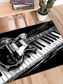 1pc Guitar Pattern Area Rug, Outdoor Picnic Decorative Carpet, Home Decor Rug, Dirt-Resistant, Soft, Dust-Proof, Easy To Clean, Suitable For Living Room, Bedroom, Bathroom, Study, Wardrobe, Bathroom - Black and White - View 16