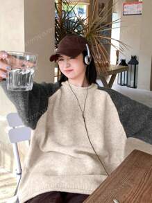 Vintage Colorblock Round Neck Long Sleeve Women's Thick & Loose Knitted Pullover Sweater, Autumn/Winter