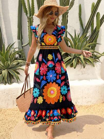 New Autumn Lightweight V-Neck All-Over Cute Leaf & Floral Retro Print Bohemian Casual Pleated Ruffle Hem Waist Splice Maxi Dress, Suitable For Music Festivals, Ladies' Holidays, Country Music Concerts, Graduation, Parties, Back To School, Teacher's Day, Halloween, Christmas