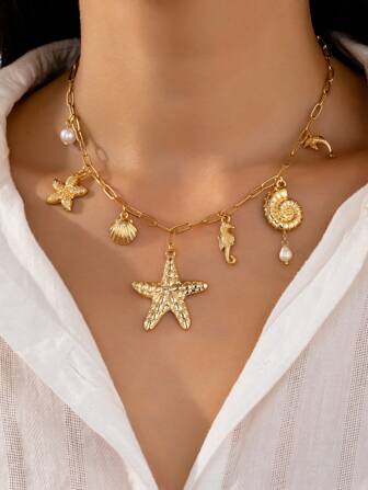 1 st halsband i havsstil med sjöstjärna och snäckskal, moderiktiga strandsmycken för kvinnor, lämpliga för semester, resor, fotografering