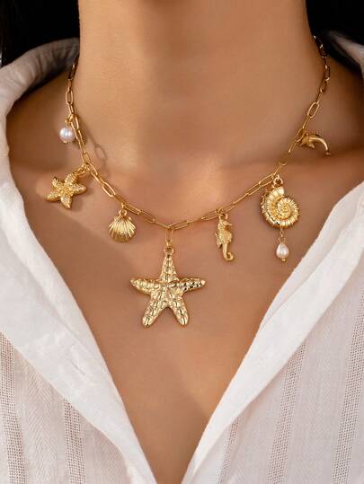 1 pieza Collar con colgante de estrella de mar y concha con estilo oceánico, joyería de moda para mujer, adecuado para vacaciones, viajes y fotografía