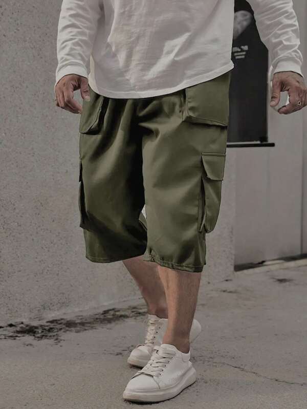 Plus Size Men's Summer Casual Multi-Pocket Drawstring Waist 3/4 Shorts
