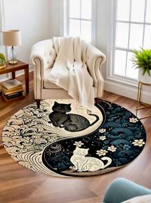 1 pièce Tapis de sol rond motif chat Yin Yang doux - lavable en machine, pour la décoration intérieure du salon et de la chambre à coucher, thème des fêtes, décoration de chambre, décoration de pièce, petit tapis, couverture, tapis d'extérieur, tapis de jardin, tapis de salon