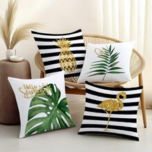 4pcs Black & White Striped, Gold Pineapple, Flamingo, Green Watercolor Leaves, Gold Heart, Printed Pillow Covers [No Pillow Insert], 17.7*17.7in (45*45cm), [Single-Sided Printing] Polyester Throw Pillow Covers For Sofa, Bed, Living Room, Bedroom, Car, Office, Hotel Decoration, Suitable For All Seasons, Perfect Gift For Family And Friends