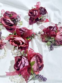 1支/6支装仿真酒红色玫瑰新娘手腕花伴娘女士姐妹手捧花婚礼鲜花派对装饰情人节配饰 - 酒紅色 - 查看 3