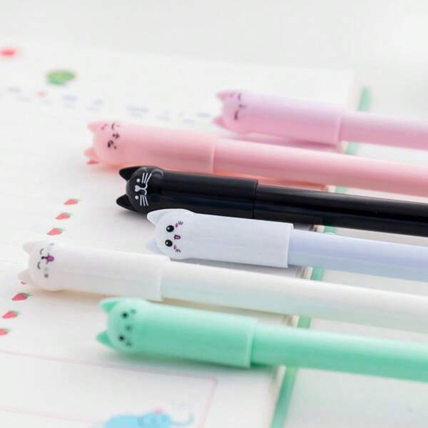 Zestaw 6 długopisów żelowych Kawaii Cartoon Cat dla dziewcząt, urocze artykuły papiernicze, uchwyty do pisania, piękne artykuły szkolne, powrót do szkoły