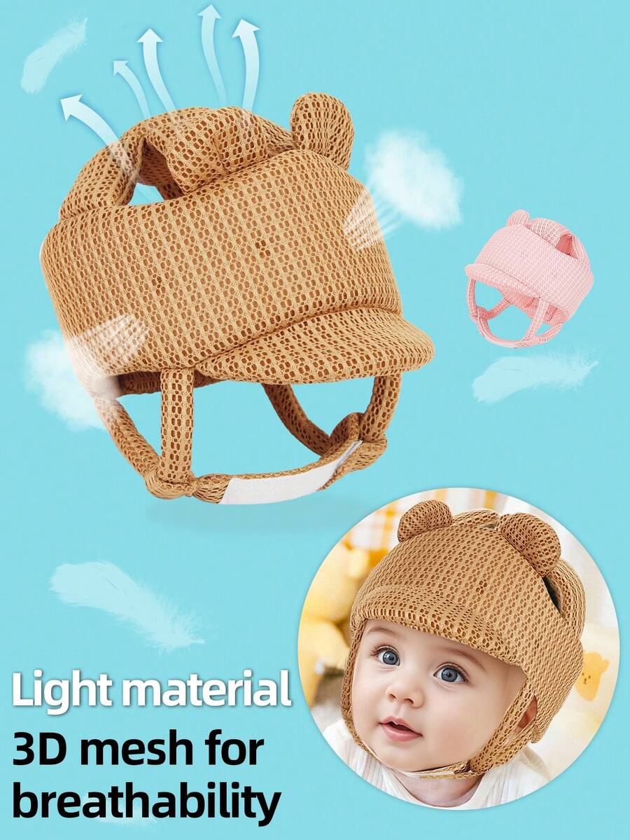 1pc Cartoon Bear Anti-Collision Baby Safety Helmet, 3D Mesh Breathable Anti-Fall Hat For Summer, Infant Toddler Walking Protective Cap, Coffee & Pink Colors - 咖色熊 - 查看 1