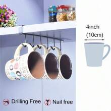 1pc White And Black Hook Cup Rack Storage Rack 6 Hooks Suitable For Cabinet, Pot, Shovel Rack, No Need To Drill Storage Rack