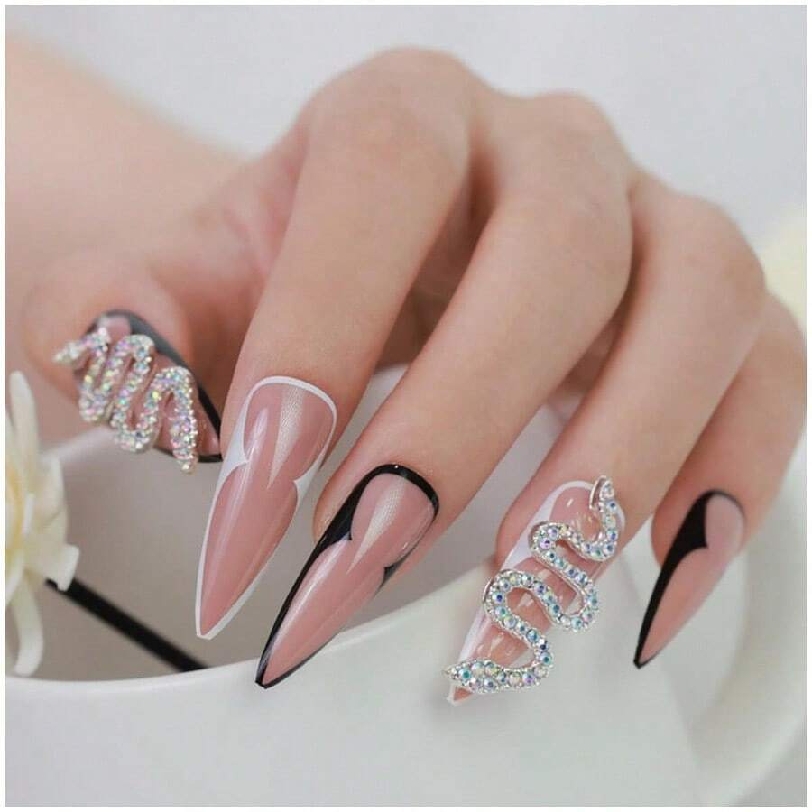 Uñas Postizas Largas A Presion Juego De 24 Uñas Postizas Con Diseños En 12 Tamaños Diferentes Para Un Ajuste Perfecto Bonito Kit De Uñas Postizas Para Mujeres Con Pegamento De Uñas De 0.07 - STILETTOSPARKLEFORMADEAFINADO-1unidad(paquetede24) - View 1
