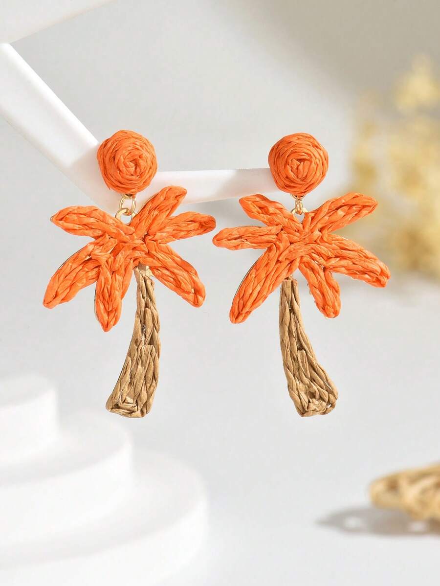 1 Pair Handmade Weaving Rattan Palm Tree Earrings, Bohemian Style Beach Vacation, Suitable For Women Daily, Holiday, Party Wear