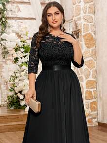 MIUSOL Plus Floral Lace Bodice Flare Hem Evening Party Maxi Formal Dress Black Elegant Prom Wedding Guest Gown, For Graduation, Dinner