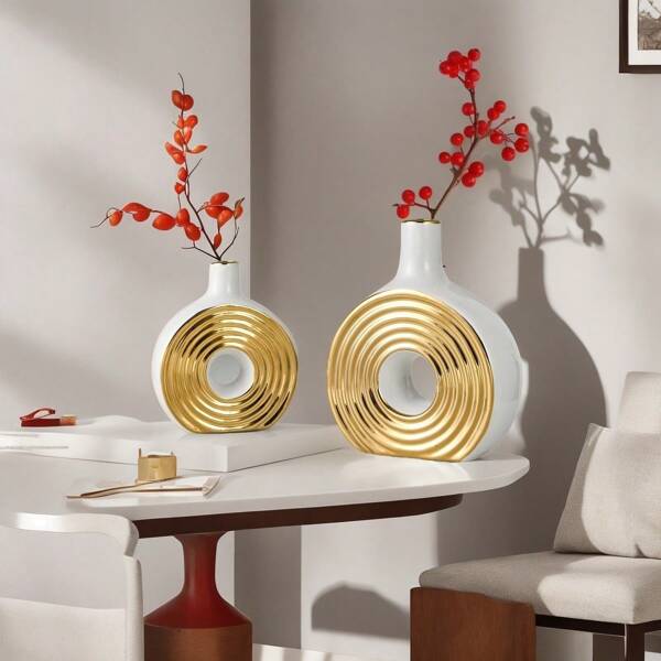1PC Luxury Home Decoration Ceramic Vase, Electroplated White Gold Thread Geometric Flower Vase, Suitable For Home Decoration, Living Room Decoration, Dining Table Decoration Flower Arrangement Vase, Artistic Wedding Decoration, Centerpieces
