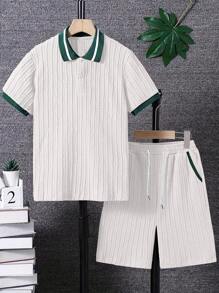 Set de 2 piezas de chándal informal para hombre, tejido de punto acanalado de color contrastante, suave y cómodo, conjunto de top y pantalones cortos esenciales, estilo minimalista elegante