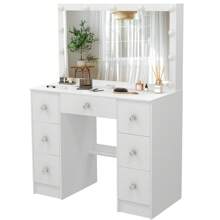 Teousev Dressing Table Large 7 Drawers Vanity Set Makeup Desk W/ LED Makeup Mirror White