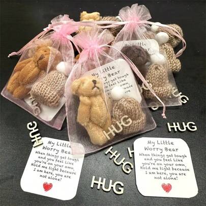 1 Set Mini Plush Bear Hug Gift Bag With Motivational Card, Adorable Brown And White Teddy Bears In A Clear Mesh Bag, Perfect Thoughtful Birthday And Holiday Gift For Loved Ones, Heartfelt Present For Significant Other