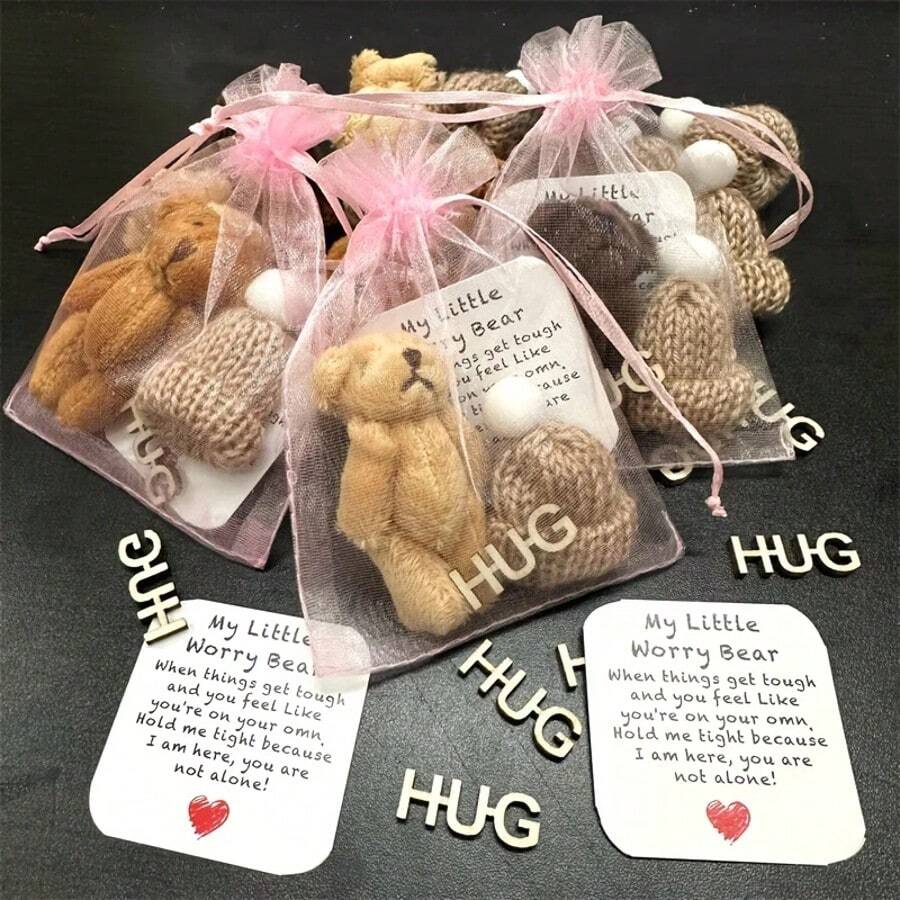 1 Set Mini Plush Bear Hug Gift Bag With Motivational Card, Adorable Brown And White Teddy Bears In A Clear Mesh Bag, Perfect Thoughtful Birthday And Holiday Gift For Loved Ones, Heartfelt Present For Significant Other
