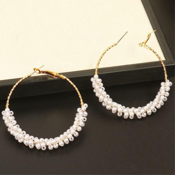 1 Pair Luxury Exaggerated Faux Pearl Wrap Around Hoop Earrings, Fashionable & Versatile Design For Women, Suitable For Party, Event And Daily Wear
