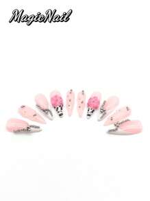 10 Pieces Of Pure Hand-Pressed Wearing Nails, 33mm Long Nail Pieces, Pink And White Contrasting Colors, Multiple Small Silver Balls Form Multiple Line Decorations, Convex Transparent Line Decoration, Hand-Made Convex Flowers Pink Colored Hand-Painted Spotted Small Ball Stamens, Hand-Painted Spotted Spots. Cute Nail Pieces For Spring And Summer. Suitable For Daily Leisure And Vacation Wear.