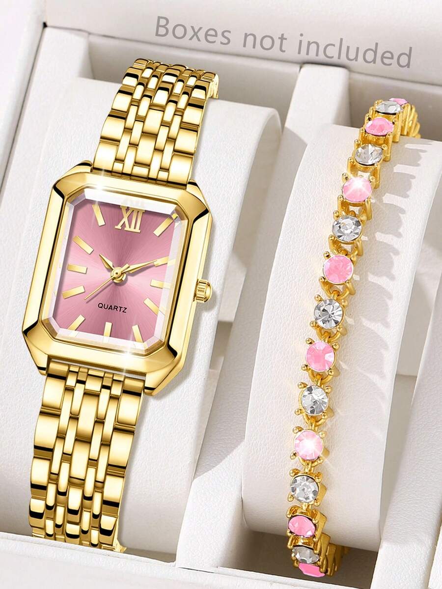 2PCS Gold Alloy Strap Women's Watch Set Fashion Luxury Simple Pink Rectangular Dial Quartz Watch Bracelet Set Suitable For Daily Clothing Matching Perfect Holiday Gift - Pink - View 1