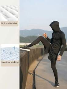 2pcs Men's Outdoor Sports Hooded Face Mask Tight Jumpsuit, Men's Running, Cycling, Fishing, Casual Long Sleeve