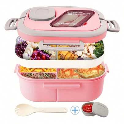 Adults Bento Lunch Box 43oz Salad Container With 3oz Sauce Cup, Bento-Style Tray For Toppings, Built-In Reusable Fork, Large Portion Meal Prep Box For Work And School