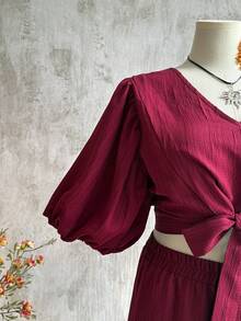 Rusttydustty Plus Size 2 Pieces Set Puff Sleeve Crop Top And High Waist Wide Leg Pants For Summer Casual Wear Boho Western Women Clothes - Burgundy - View 6