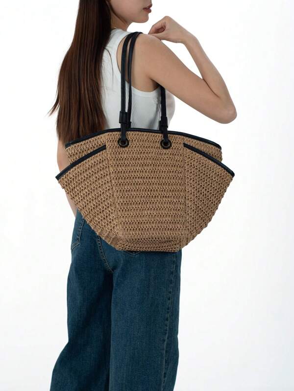 Bolsa Sacola de Palha de Grande Capacidade com Dois Bolsos para Mulheres